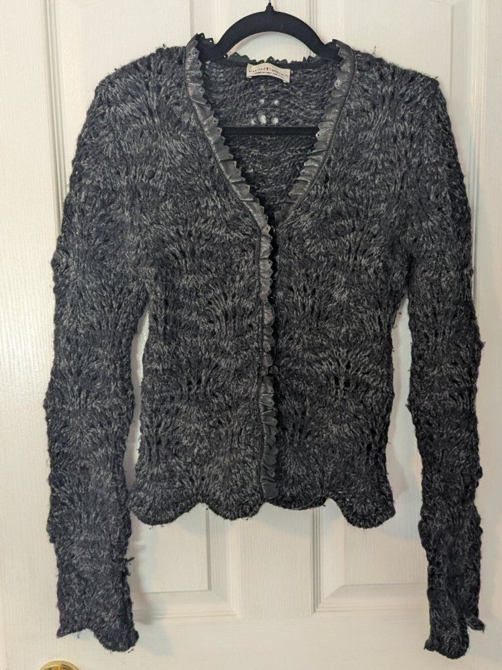 Marisa Minicucci Italian Knit Cardigan Sweater | Charcoal Grey | Leather Trim |